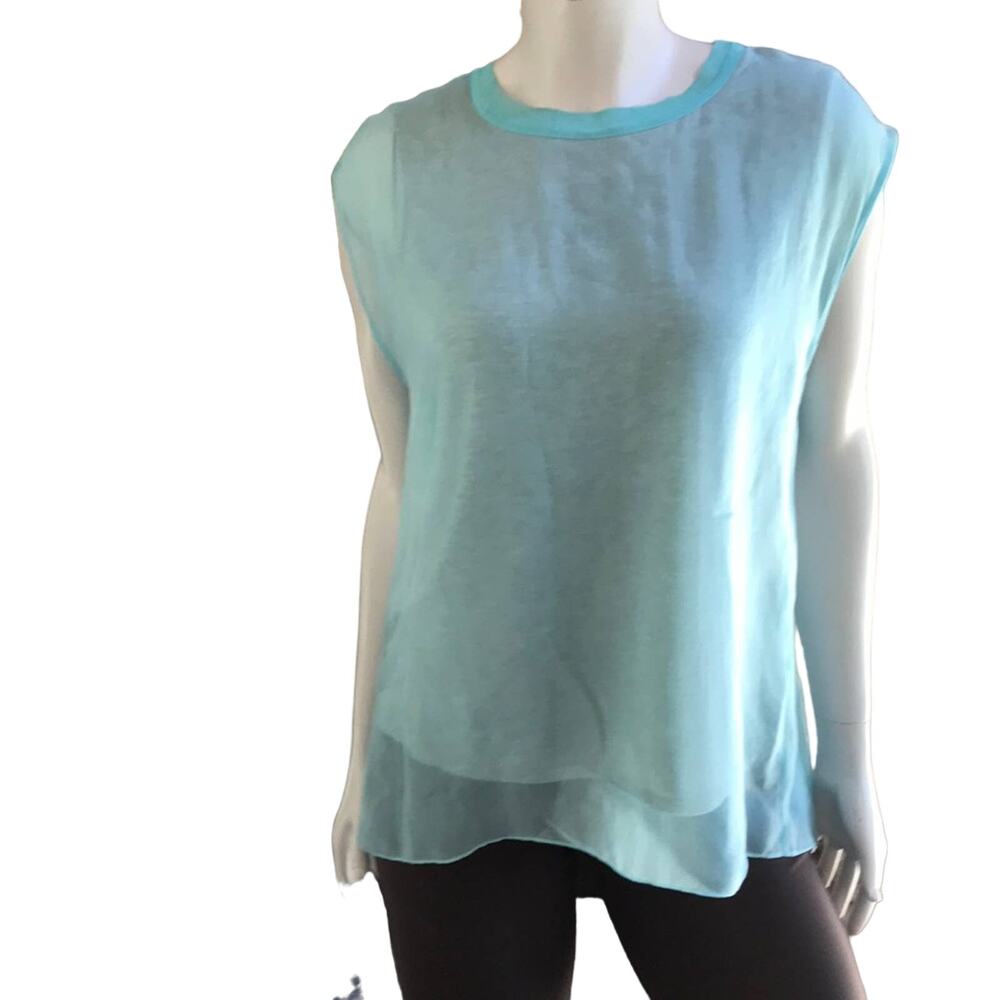 Tahari Silk Blue Overlay Short Sleeve Shirt Women’s Size Small